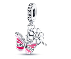 925 Sterling Silver Pink Butterfly and CZ Daisy Dangle Charm