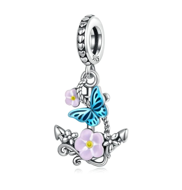 925 Sterling Silver Butterfly Floral Anchor Dangle Charm Be Fabulous