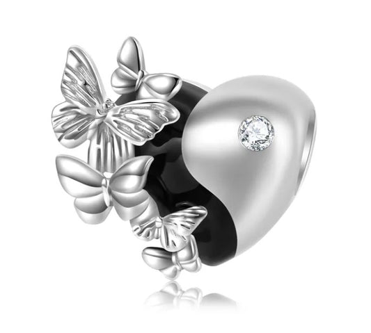 Yin Yang Butterfly CZ Heart Bead Charm