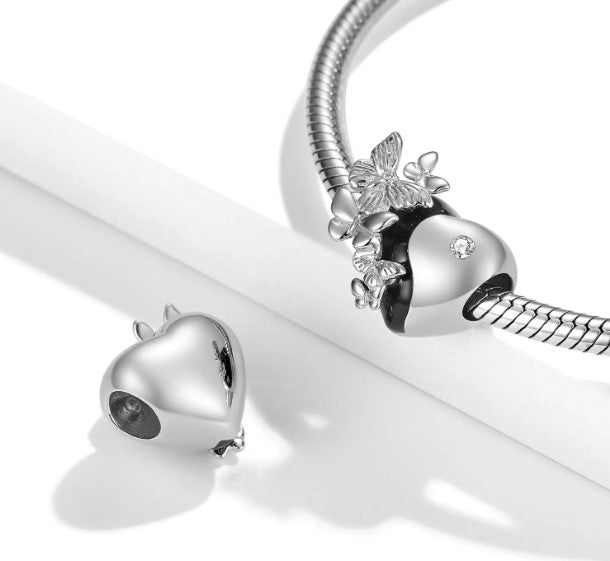 Yin Yang Butterfly CZ Heart Bead Charm