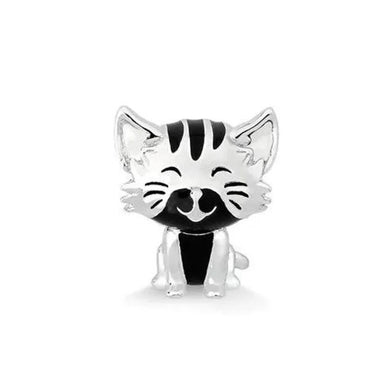925 Sterling Silver Cute Cat Black Enamel Bead Charm