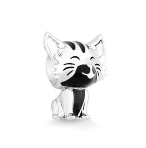 925 Sterling Silver Cute Cat Black Enamel Bead Charm