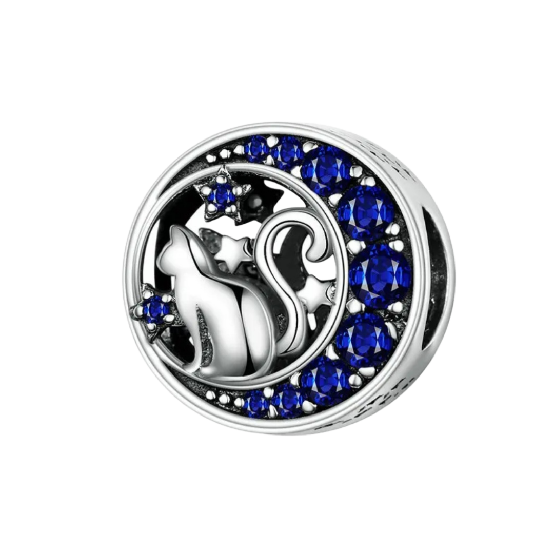 Blue CZ Cat And Stars Bead Charm