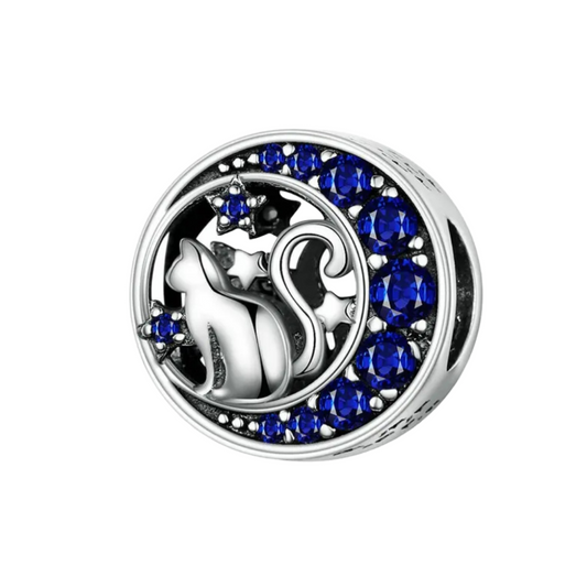 Blue CZ Cat And Stars Bead Charm