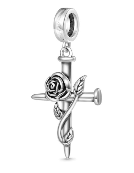 Cross Nailed with Rose Vine Dangle Charm