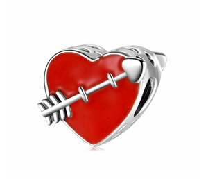 925 Sterling Silver Red Enamel Heart Cupid Arrow Bead Charm