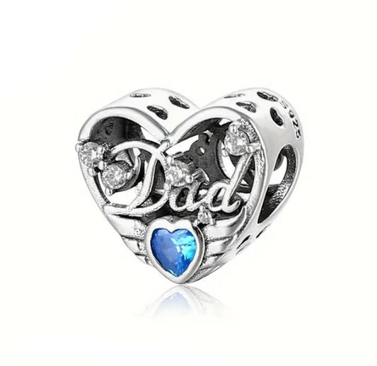 Dad Angel Wings Blue CZ Openwork Heart Bead Charm