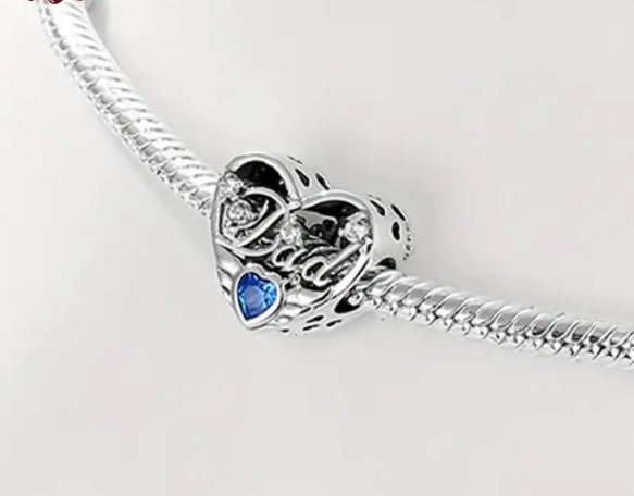 Dad Angel Wings Blue CZ Openwork Heart Bead Charm