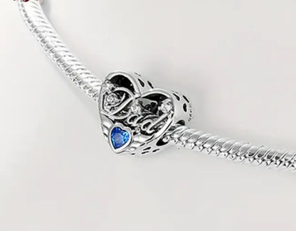 Dad Angel Wings Blue CZ Openwork Heart Bead Charm