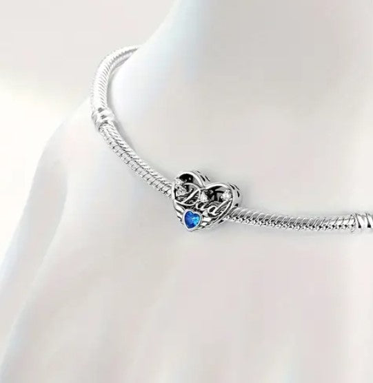 Dad Angel Wings Blue CZ Openwork Heart Bead Charm