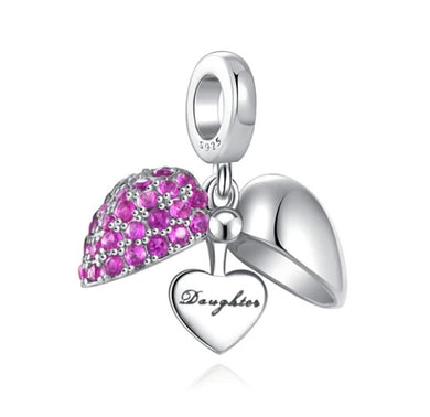 925 Sterling Silver Daughter Pink CZ Open Heart Dangle Charm