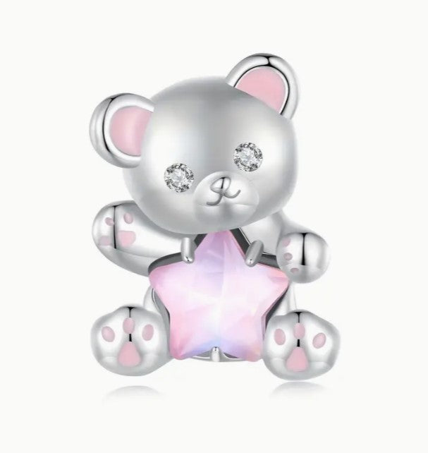 925 Sterling Silver Dream Teddy Bear Holding Pink Star Bead Charm