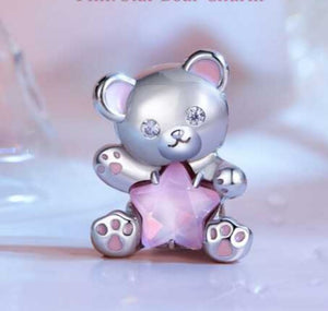925 Sterling Silver Dream Teddy Bear Holding Pink Star Bead Charm
