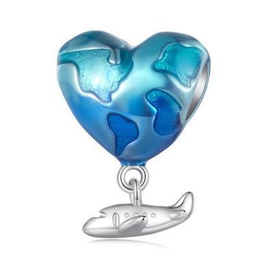 925 Sterling Silver Blue Heart Plane Dangle Charm