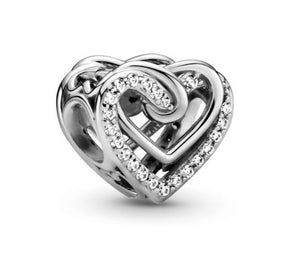 925 Sterling Silver Entwined CZ Hearts Bead Charm