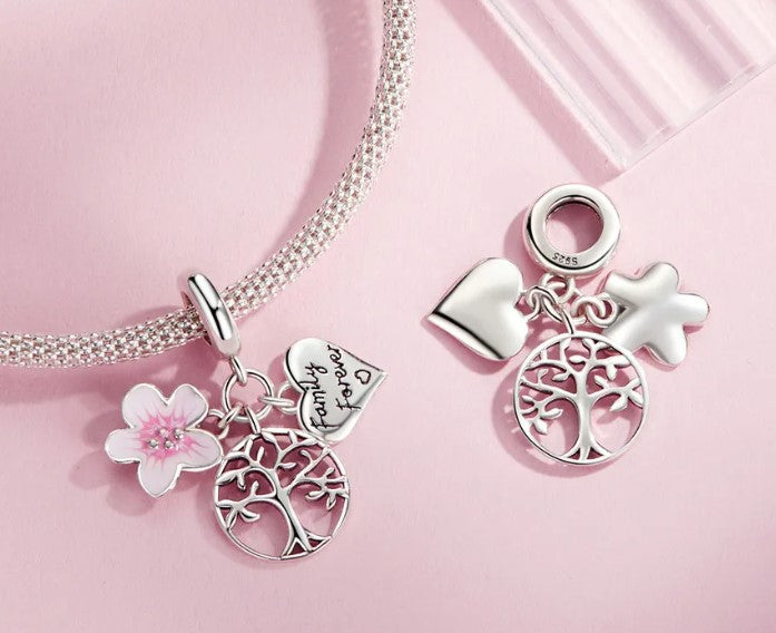 Family Forever Heart, Flower and Family Tree Tripple Dangle Charm