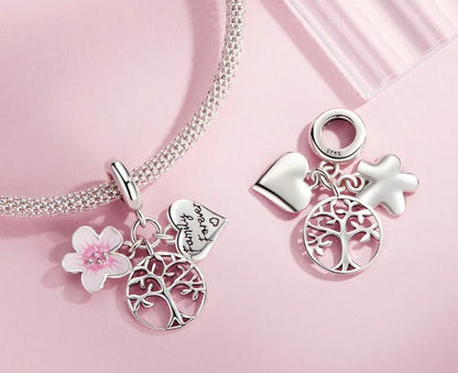 Family Forever Heart, Flower and Family Tree Tripple Dangle Charm