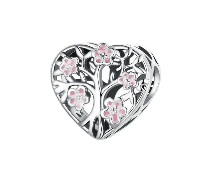 Family Tree Pink Blossoms Heart Bead Charm