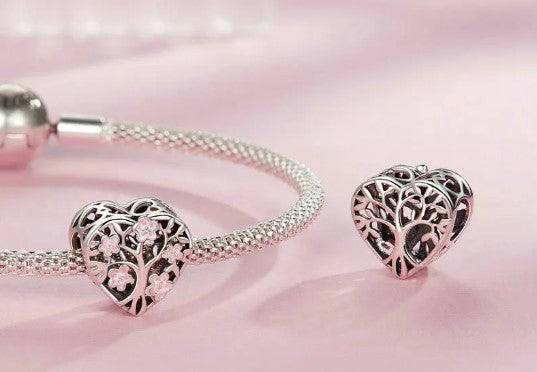 Family Tree Pink Blossoms Heart Bead Charm