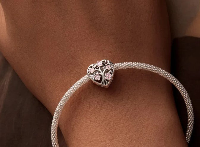 Family Tree Pink Blossoms Heart Bead Charm