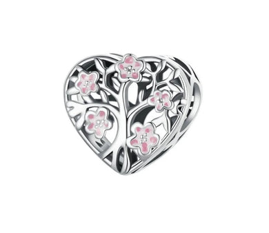 925 Sterling Silver Family Tree Pink Blossoms Heart Bead Charm