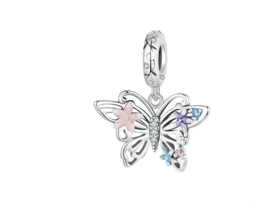 925 Sterling Silver Floral Butterfly Dangle Charm