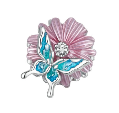 925 Sterling Silver Pink Flower and Green Butterfly Enamel Bead Charm