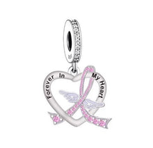 Load image into Gallery viewer, 925 Sterling Silver &quot;Forever in my Heart&quot; Cancer Ribbon Angel Wings Dangle Charm