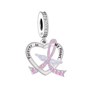 925 Sterling Silver "Forever in my Heart" Cancer Ribbon Angel Wings Dangle Charm