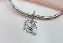 Load image into Gallery viewer, 925 Sterling Silver &quot;Forever in my Heart&quot; Cancer Ribbon Angel Wings Dangle Charm