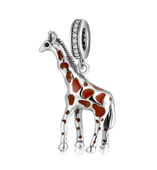 925 Sterling Silver Brown Enamel Giraffe Dangle Charm