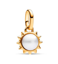 Load image into Gallery viewer, 925 Sterling Silver Yellow Gold Plated Sun and Pearl Dangle Charm