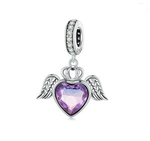 925 Sterling Silver Guardian Angel Wings Purple Heart Dangle Charm