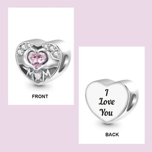 925 Sterling Silver Mom "I Love You" Pink CZ Heart Bead Charm