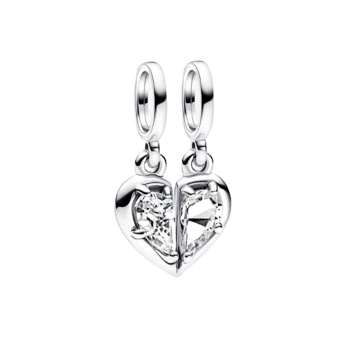 925 Sterling Silver Mother and Daughter CZ Heart SET Dangle Charm
