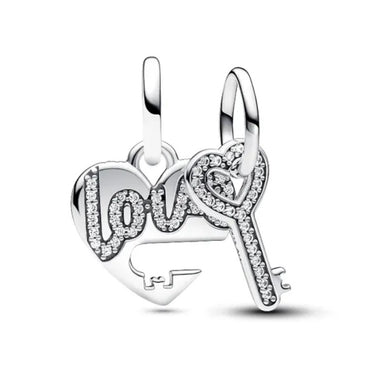 925 Sterling Silver Love Heart and Key Dangle Charm SET