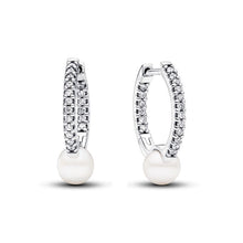 Load image into Gallery viewer, 925 Sterling Silver Treated Freshwater Cultured Pearl &amp; Pavé Hoop Earrings