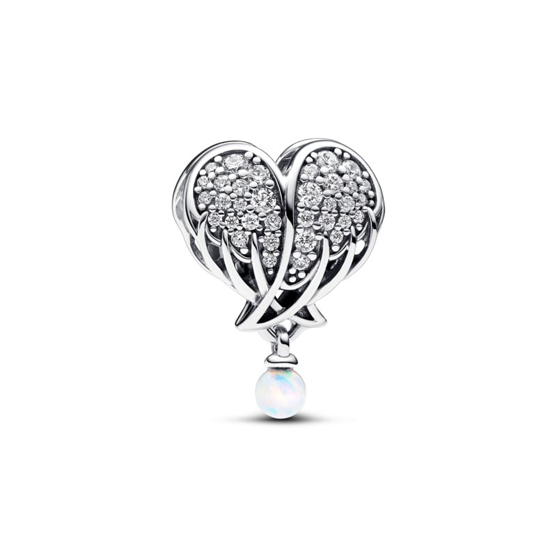 925 Sterling Silver Sparkling Angel Wings and Heart Bead Charm