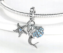 Load image into Gallery viewer, 925 Sterling Silver Mermaid, Shell and Starfish Tripple Dangle Charm