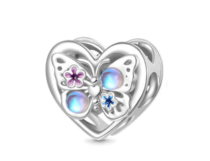 925 Sterling Silver Sparkling Moonstone Butterfly Heart Bead Charm