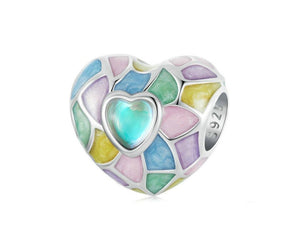 925 Sterling Silver Multi Coloured Enamel Mosaic Heart Bead Charm
