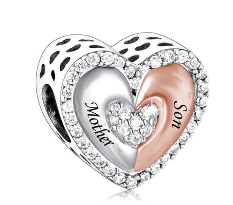 925 Sterling Silver Two Tone Mother and Son Heart Bead Charm