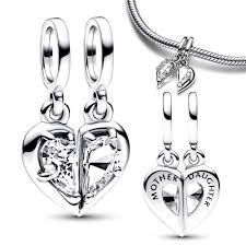 925 Sterling Silver Mother and Daughter CZ Heart SET Dangle Charm