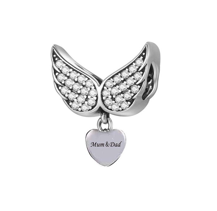 925 Sterling Silver Mum & Dad CZ Angel Wings Bead Charm