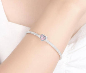 925 Sterling Silver Pink Enamel CZ Love Heart Bead Charm