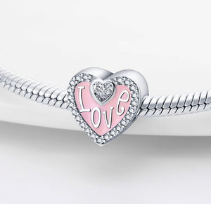 925 Sterling Silver Pink Enamel CZ Love Heart Bead Charm