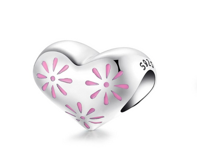 925 Sterling Silver Daisy Motive Pink Enamel Heart Bead Charm