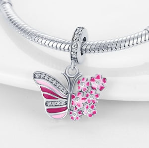 925 Sterling Silver Pink Floral and CZ Butterfly Dangle Charm