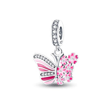 Load image into Gallery viewer, 925 Sterling Silver Pink Floral and CZ Butterfly Dangle Charm