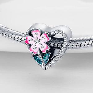 925 Sterling Silver Pink Flower CZ Openwork Heart Bead Charm